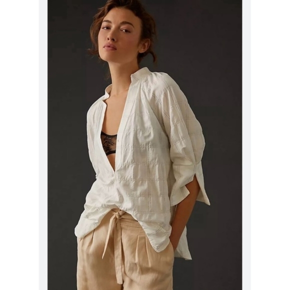 Anthropologie Textured Cotton Peasant Blouse Ivory Boho Minaminlist Relaxed Top - Picture 2 of 16